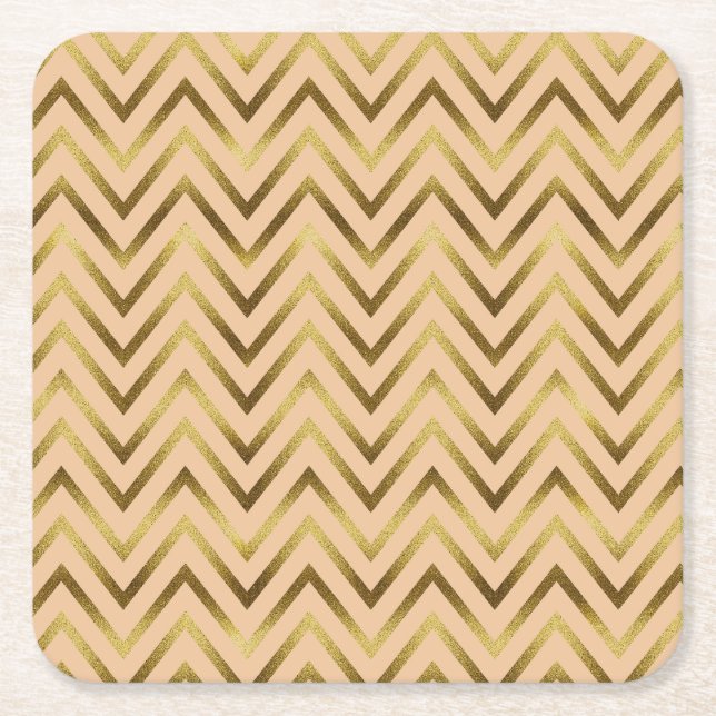 Posavasos Cuadrado De Papel Peach & Gold Chevron Stripe (Anverso)