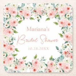 Posavasos Cuadrado De Papel Peach White Watercolor Floral Bridal Shower