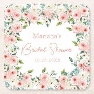 Posavasos Cuadrado De Papel Peach White Watercolor Floral Bridal Shower