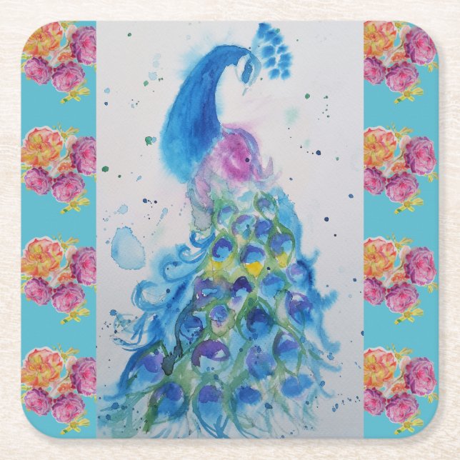 Posavasos Cuadrado De Papel Peacock Blue Bird Watercolor Aqua Rosa de montaña (Anverso)