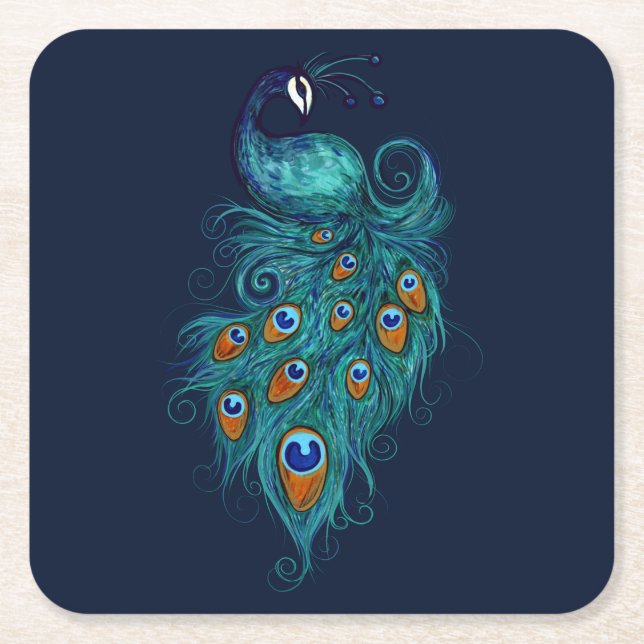 Posavasos Cuadrado De Papel Peacock Feathers Peacocks Verde azulados (Anverso)