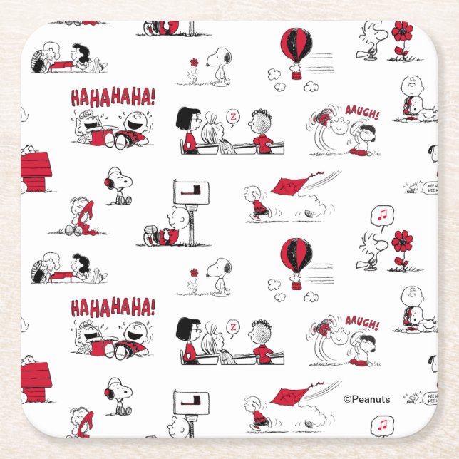 Posavasos Cuadrado De Papel PEANUTS | Patrón rojo y negro (Anverso)