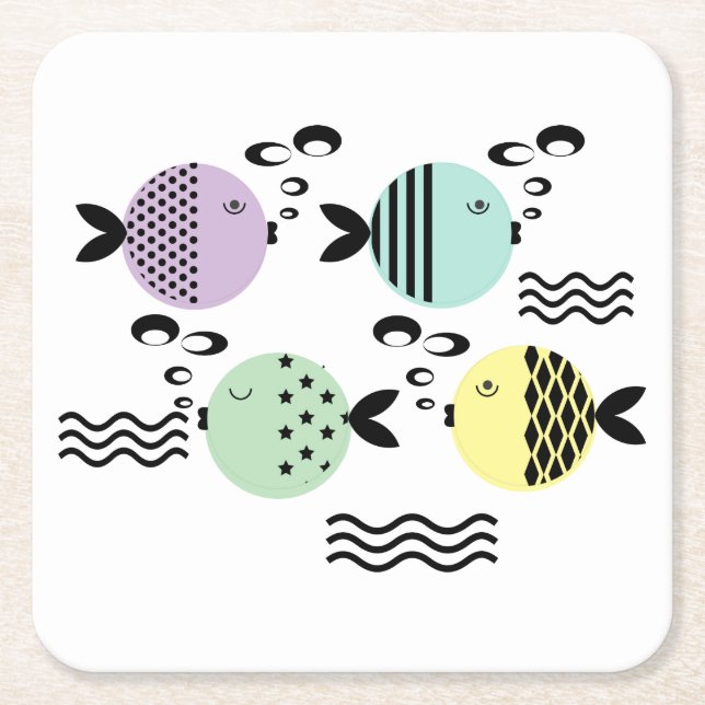 Posavasos Cuadrado De Papel Peces sin mar abstracto escandinavo marino moderno (Anverso)