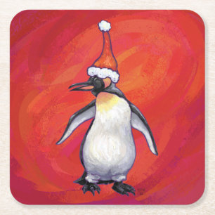 Posavasos Cuadrado De Papel Penguin en Santa Hat en Red