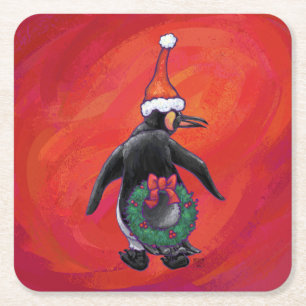 Posavasos Cuadrado De Papel Penguin en Santa Hat en Red