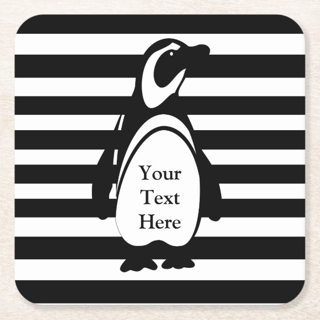 Posavasos Cuadrado De Papel Penguin y franjas Personalizado Textos (Anverso)
