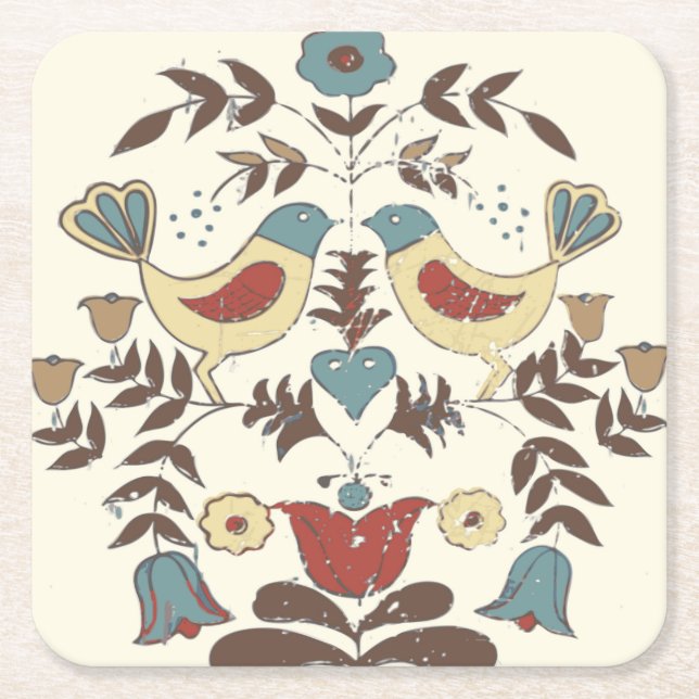 Posavasos Cuadrado De Papel Pennsylvania Dutch Amish Hex Rótulo Bird Americana (Anverso)