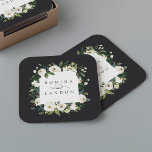 Posavasos Cuadrado De Papel Peonía blanca | Boda de marco floral personalizado<br><div class="desc">Nuestra colección de bodas florales en acuarela de color White Peony presenta una vegetación acuática delicadamente pintada,  follaje botánico verde y flores de marfil y blanco. Personalice estas galletitas con sus nombres,  junto con un acento de escritura decorativo.</div>