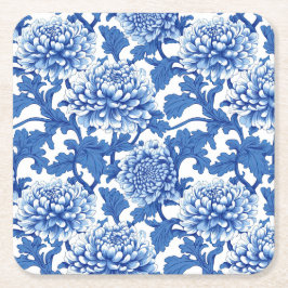 Posavasos Cuadrado De Papel Peonía floral azul y blanca chinoiserie