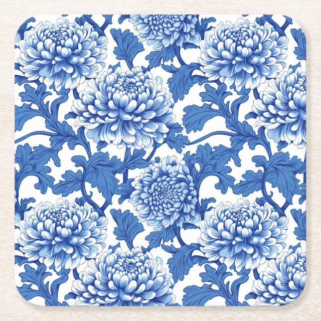 Posavasos Cuadrado De Papel Peonía floral azul y blanca chinoiserie (Anverso)