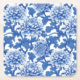 Posavasos Cuadrado De Papel Peonía floral chinoiserie azul y blanco