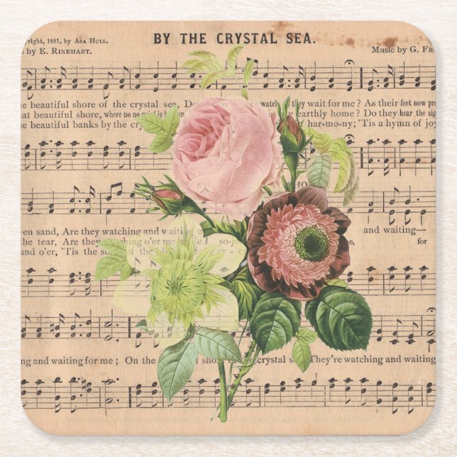 Posavasos Cuadrado De Papel Peonías antiguas y música de hojas (Anverso)