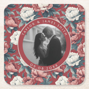 Posavasos Cuadrado De Papel Peonías Elegantes Flor Fiesta de Boda Estacional