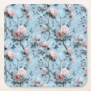 Posavasos Cuadrado De Papel Peonías primaverales vintage sobre azul