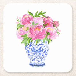 Posavasos Cuadrado De Papel Peonies Chinoiserie Vase
