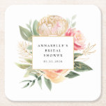 Posavasos Cuadrado De Papel Peony y Gold Flowers Bridal Shower Coaster<br><div class="desc">Diseñado para coordinar con nuestra colección Peony y Gold, esta montaña de personalizable a juego cuenta con lujosas flores rosadas y de peonía dorada con follaje verde con letras clásicas. Para una personalización más avanzada de este diseño, haga clic en el botón "PERSONALIZAR" de arriba. El Relieve metalizado de oro...</div>