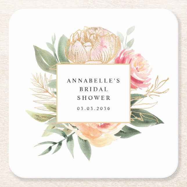Posavasos Cuadrado De Papel Peony y Gold Flowers Bridal Shower Coaster (Anverso)