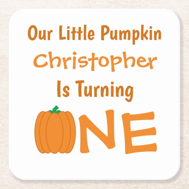 Posavasos Cuadrado De Papel Pequeña Calabaza Primer Cumpleaños (Anverso)