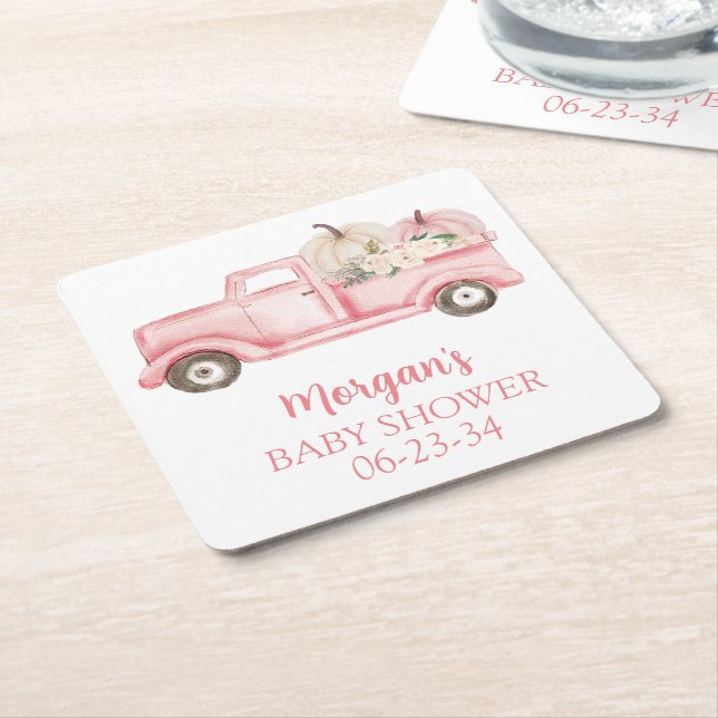 Posavasos Cuadrado De Papel Pequeña calabaza rosa lindo Baby Shower (En perspectiva)