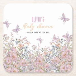 Posavasos Cuadrado De Papel Pequeña flor silvestre en una ducha de bebé en flo