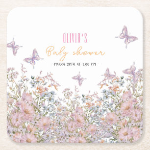 Posavasos Cuadrado De Papel Pequeña flor silvestre en una ducha de bebé en flo