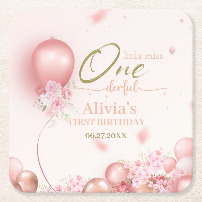 Posavasos Cuadrado De Papel Pequeña Miss ONE, maravillosa floral rosa, primer  (Anverso)