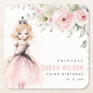 Posavasos Cuadrado De Papel Pequeña Princesa Rosa Cuta Rosa Cumpleaños Floral