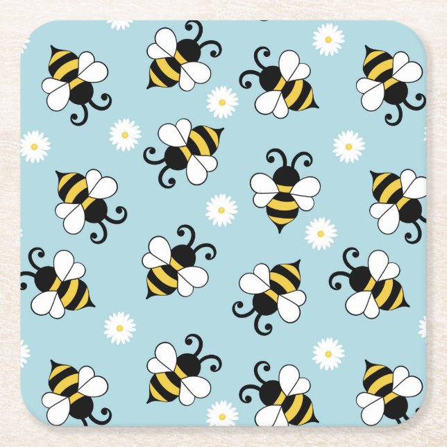 Posavasos Cuadrado De Papel Pequeñas abejas y flores de margarita (Anverso)