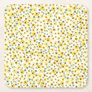 Posavasos Cuadrado De Papel Pequeñas Flores Amarillas: Acuarela Seamless.