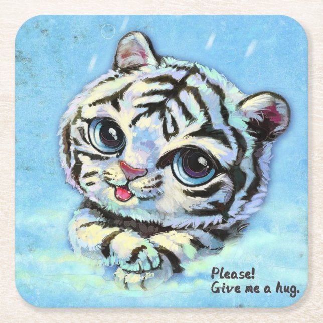 Posavasos Cuadrado De Papel Pequeño tigre lindo, por favor dame un abrazo (Anverso)