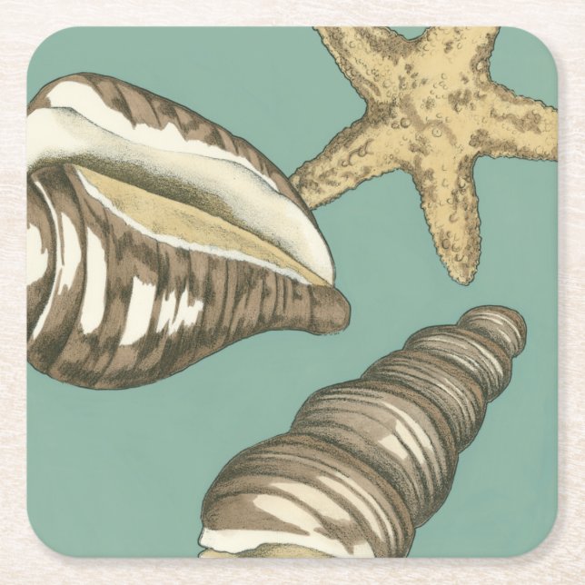 Posavasos Cuadrado De Papel Pequeño trío de conchas en Verde azulado (Anverso)