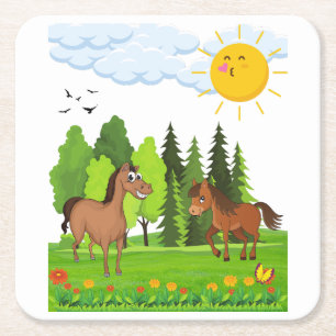 Posavasos Cuadrado De Papel Pequeños caballos de diseño para niños