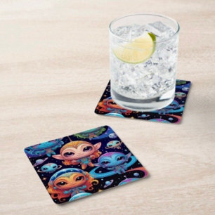 Posavasos Cuadrado De Papel Pequeños extranjeros multicolores en el espacio