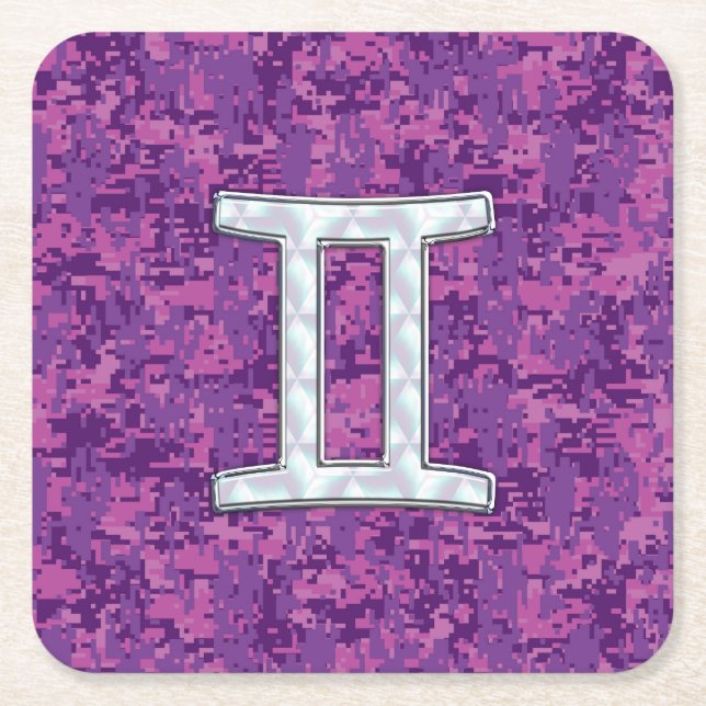 Posavasos Cuadrado De Papel Perla como Rótulo Gemini Zodiac en camo digital (Anverso)