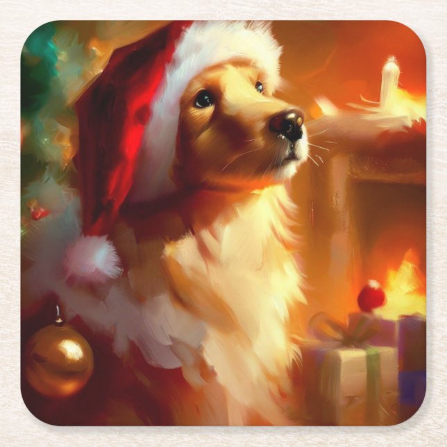 Posavasos Cuadrado De Papel Perro 1 de los navidades (Anverso)