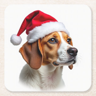Posavasos Cuadrado De Papel Perro Beagle de Navidad con sombrero de Santa