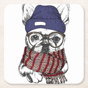Posavasos Cuadrado De Papel Perro Bull francés Hipster