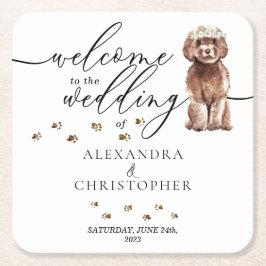 Posavasos Cuadrado De Papel Perro Cachorro Cavapoo Marrón Bienvenido a la boda