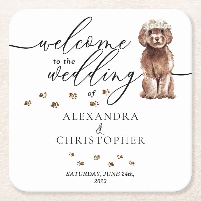 Posavasos Cuadrado De Papel Perro Cachorro Cavapoo Marrón Bienvenido a la boda (Anverso)