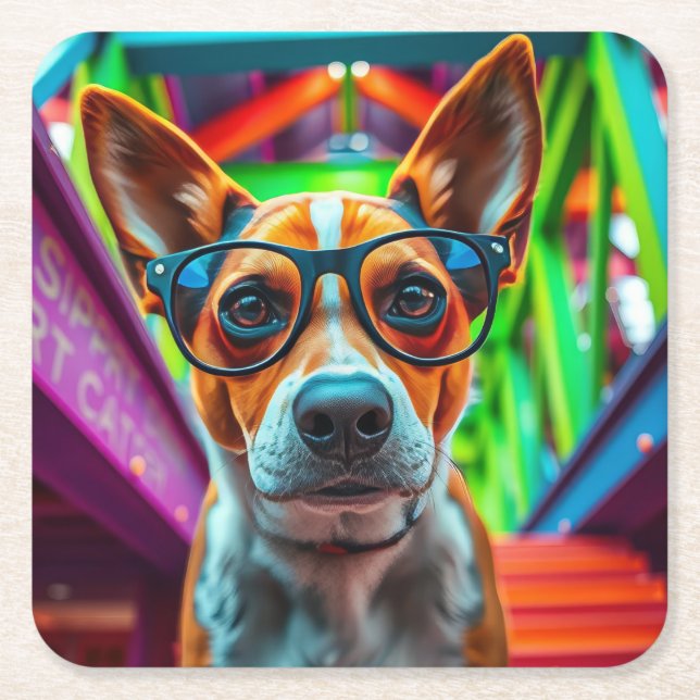 Posavasos Cuadrado De Papel Perro Cool con Gafas de Sol (Anverso)