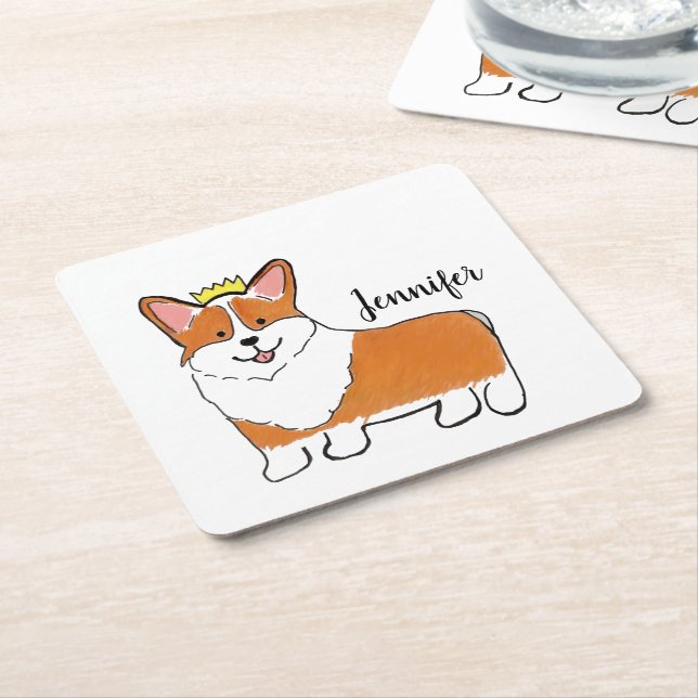 Posavasos Cuadrado De Papel Perro corgi real personalizado (En perspectiva)