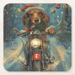 Posavasos Cuadrado De Papel Perro Dachshund montando motocicleta Navidad