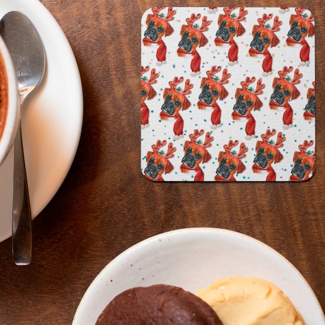 Posavasos Cuadrado De Papel Perro de boxeador con renos Navidades (Subido por el creador)