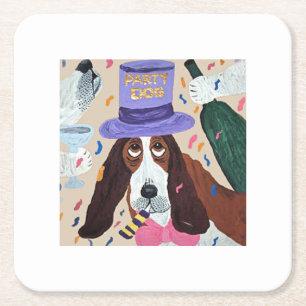 Posavasos Cuadrado De Papel Perro de fiesta Basset Hound 