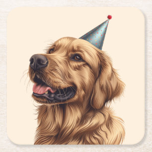 Posavasos Cuadrado De Papel Perro de la recuperación dorada del cumpleaños