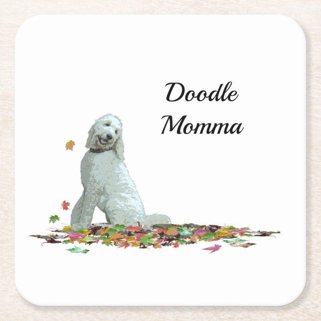 Posavasos Cuadrado De Papel Perro De Labradoodle En Hojas De Papel (Anverso)