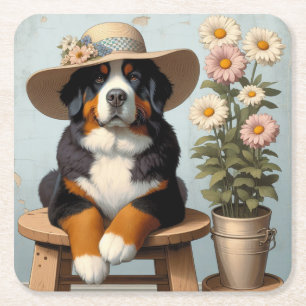 Posavasos Cuadrado De Papel Perro de montaña de Berna con Gorra y flores