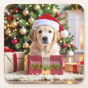 Posavasos Cuadrado De Papel Perro de Navidad Retriever Dorado