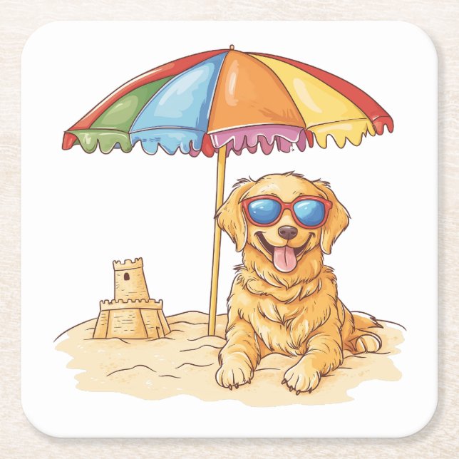 Posavasos Cuadrado De Papel Perro de playa Golden Retriever (Anverso)