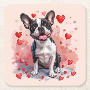 Posavasos Cuadrado De Papel Perro del día de San Valentín Boston Terrier
